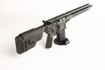 AR10 carbine, modern automatic black rifle isolated on white background. Weapons for police,...