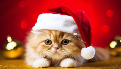 yellow cat dressed in Santa Claus hat, on red background zet - obrazy, fototapety, plakaty