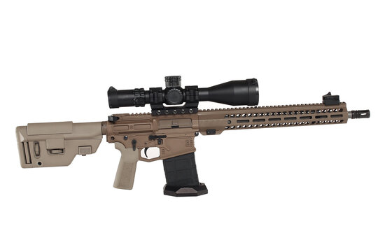 AR10 carbine, modern automatic black rifle isolated on white background. Weapons for police, special forces and the army.