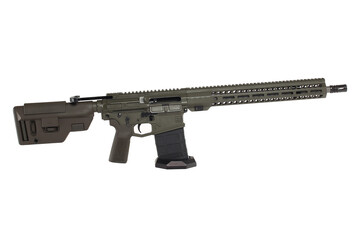 AR10 carbine, modern automatic black rifle isolated on white background. Weapons for police,...