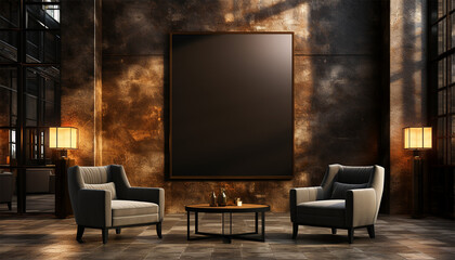 Stylish interior of living room with design modular sofa, furniture, wooden coffee table, rattan decoration, mock up picture frame, pillow, dried flowers and elegant accessories in modern home decor.