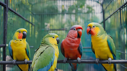 Obraz premium Colorful parrots on a branch. Generative AI.