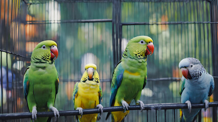 Obraz premium Colorful parrots on a branch. Generative AI.
