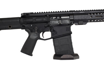 AR10 carbine, modern automatic black rifle isolated on white background. Weapons for police, special forces and the army.