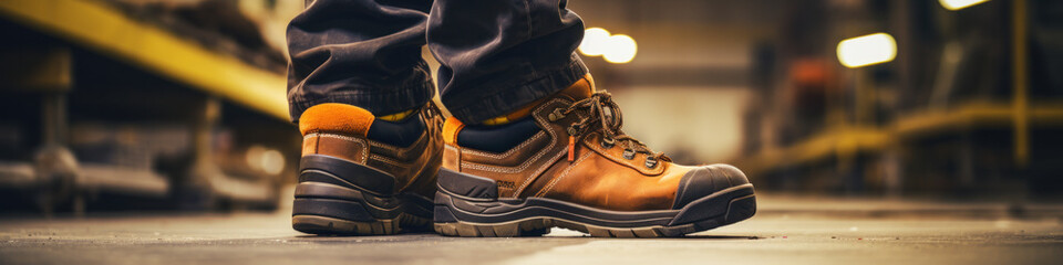 Close-up safety working shoe on a worker feet is standing at the factory, ready for working in danger workplace concept. Industrial working scene and safety equipment. - obrazy, fototapety, plakaty