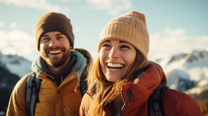 A couple smiling while hiking in the mountains, AI - obrazy, fototapety, plakaty