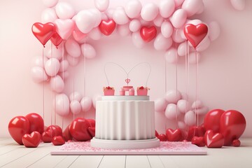 Valentine's Day podium with balloons and hearts, displaying a love greeting card. Generative AI