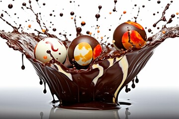Candies with flowing chocolate and splashes. Generative AI