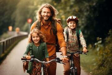 Sustainable travel. Environmentalist family riding a bike together in the forest.
