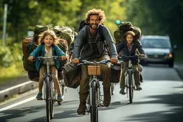 Obraz premium Sustainable travel. Environmentalist family riding a bike together in the forest.