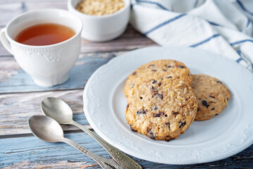 Fresh sweet healthy oatmeal cookies with chocloate drops