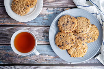 Fresh sweet healthy oatmeal cookies with chocloate drops