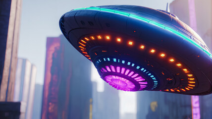 Colorful flying saucer spotted in the sky. UFO. Generative AI.