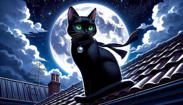 巨大な満月を背に輝く星々の下、忍者猫は屋根の上に佇んでいて、首に巻かれたスカーフと輝くペンダントが神秘的な雰囲気を醸し出している