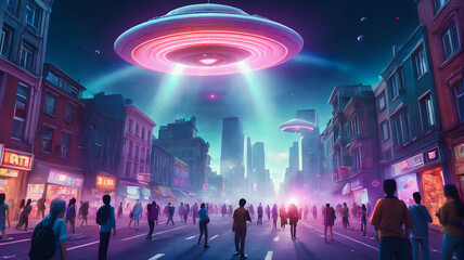 Colorful flying saucer attacking the city and abducting people. UFO. Generative AI.