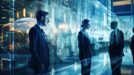 Corporate professionals using digital twins for real-time simulation, business technology background, blurred background, with copy space