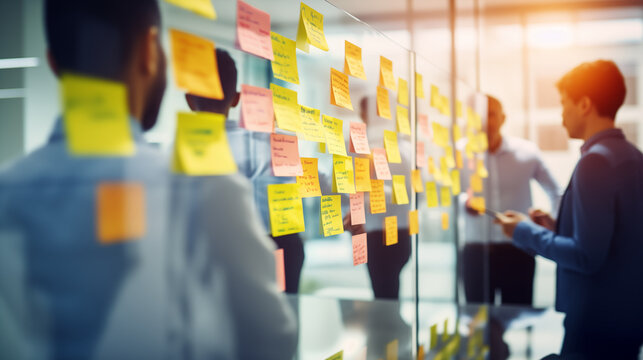 A brainstorming session with digital post-it notes on a smart board, business technology background, blurred background, with copy space