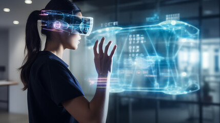 A person experiencing augmented reality physiotherapy, health tech background, blurred background, with copy space