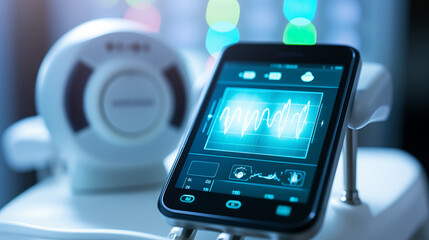 Portable ultrasound devices connected to mobile apps, health tech background, blurred background, with copy space