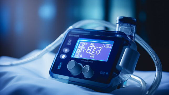 Advanced respiratory tech devices for asthma and sleep apnea, health tech background, blurred background, with copy space