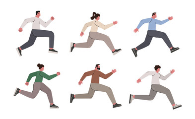 Fototapeta na wymiar Set of people running fast to success. Ambitious characters run to meet their goals. Team of male and female on the move. Flat vector illustration of runners isolated on white background.