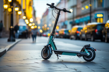 Electric scooter on city background. Rental system, public e-scooters on the street