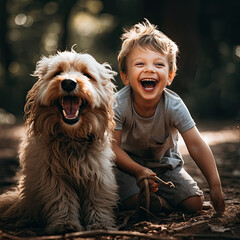 Ein Kind, das mit einem Hund spielt
