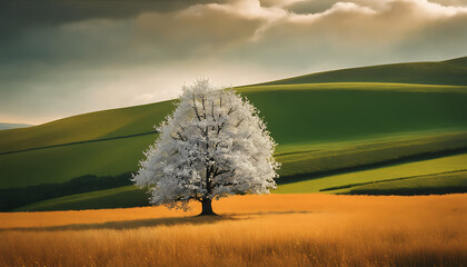 white tree in the middle of a field
