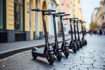 Electric scooters on city background. Rental system, public e-scooters on the street