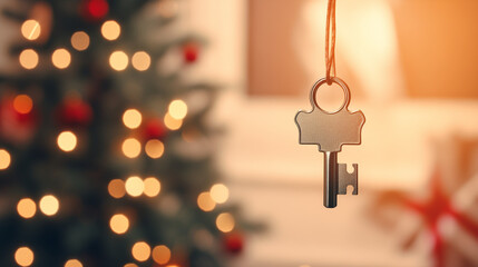 House key with Christmas tree in background, blurred lights on background. Mortgage and home loan, moving in to new apartment in new year. Copy space