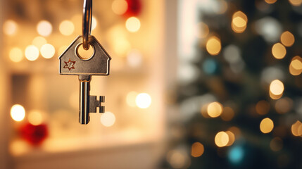 House key with Christmas tree in background, blurred lights on background. Mortgage and home loan, moving in to new apartment in new year. Copy space