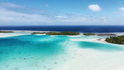 Aerial view of the stunning blue lagoon at Rangiroa Atoll; French Polynesia