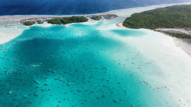 Aerial view of the stunning blue lagoon at Rangiroa Atoll; French Polynesia