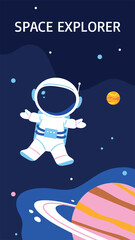 Space exploration vertical banner. Astronaut in openspace. Space travel poster. Flat vector illustration.