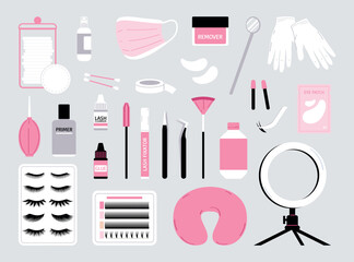 Eyelash extension tools set isolated on gray background. Collection of items for lashmaker. Flat vector illustration.