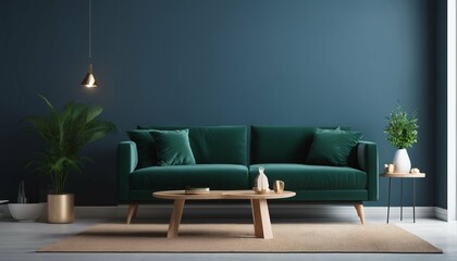 Bright and cozy living room: Modern interior featuring green sofa against dark blue wall
