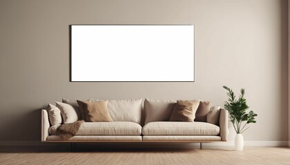 Sofa in a living room with warm tones and empty wall mockup