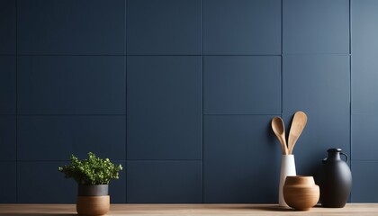Dark blue wall mockup in a minimalist kitchen interior design