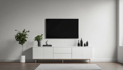 Leather sofa in a living room with minimal design and a white wall-mounted TV