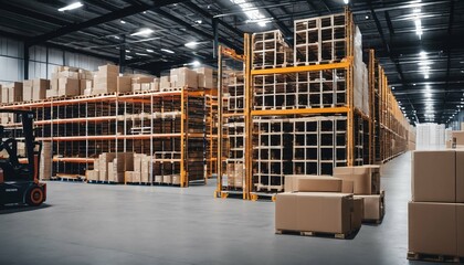 Pallets and forklifts in a retail warehouse full of goods in cartons. Logistics, transportation, and product distribution center blurred background