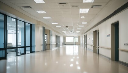 Naklejka na ściany i meble Unfocused background of a hospital hallway and reception clinic
