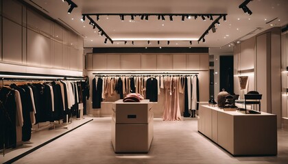 Luxury fashion store interior featuring women’s clothing and accessories - obrazy, fototapety, plakaty