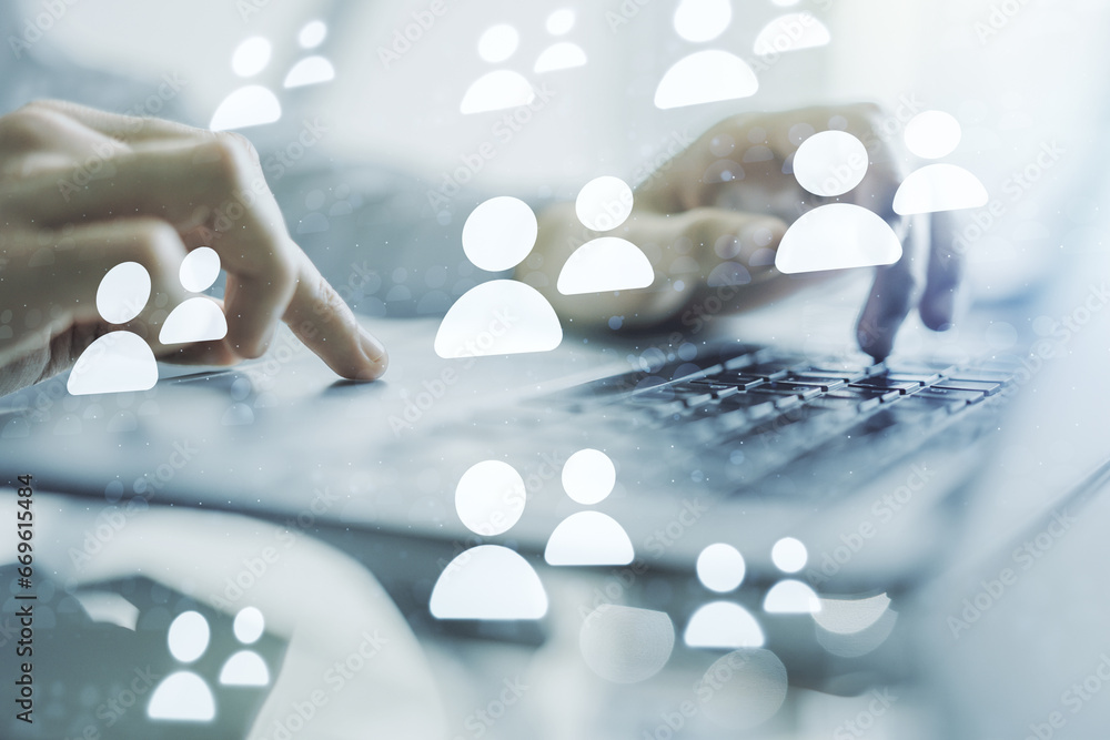 Poster double exposure of social network icons concept with hand typing on computer keyboard on background.