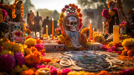 Traditional Day of the Dead altar with candles, marigold flowers, vibrant skull decor, and offerings amidst a ceremonial setting