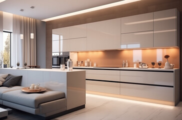 Fototapeta na wymiar A luxury kitchen of a beautiful bright modern Scandinavian style, generative AI