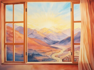 View from the window of a beautiful mountain landscape illustration watercolor style lovely scenic background