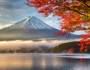 Colorful Autumn Season and Mountain Fuji with morning fog and red leaves at lake Kawaguchiko is one of the best places in Japan
