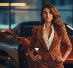 Hispanic Female Rich Well Dressed Sports Car Backdrop Generative AI