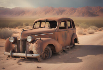 Rusty old car in the desert