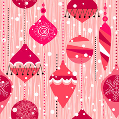 Christmas pattern. Seamless pattern with hand drawn  christmas trees, Christmas tree decorations, snowflakes. Ideal for holiday packaging, fabric, printing, decoration. Vector illustration